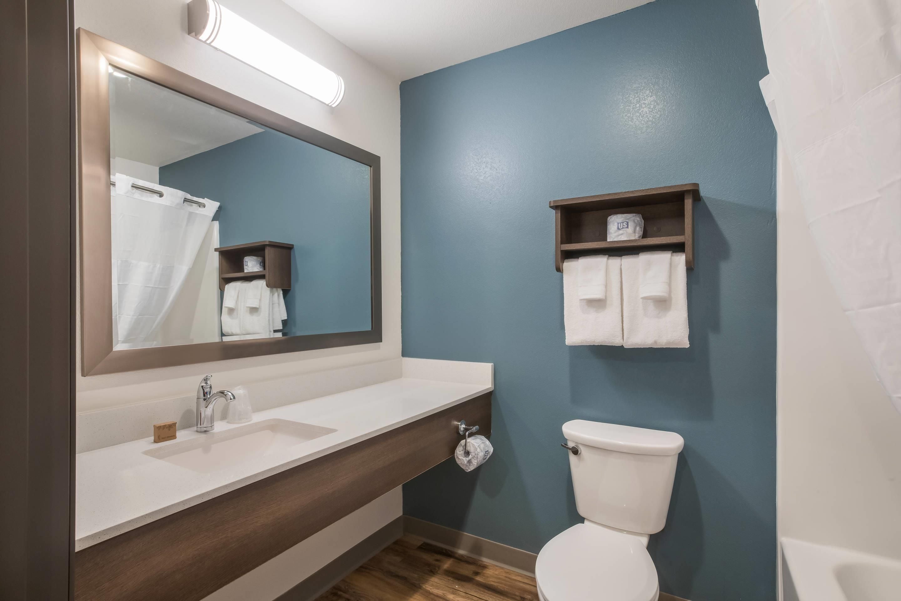 A bathroom with a white sink, a mirror, a toilet, and a shower curtain.