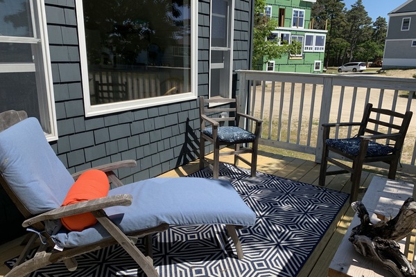 Deck facing Popham Beach, which is just 1 minute walk!