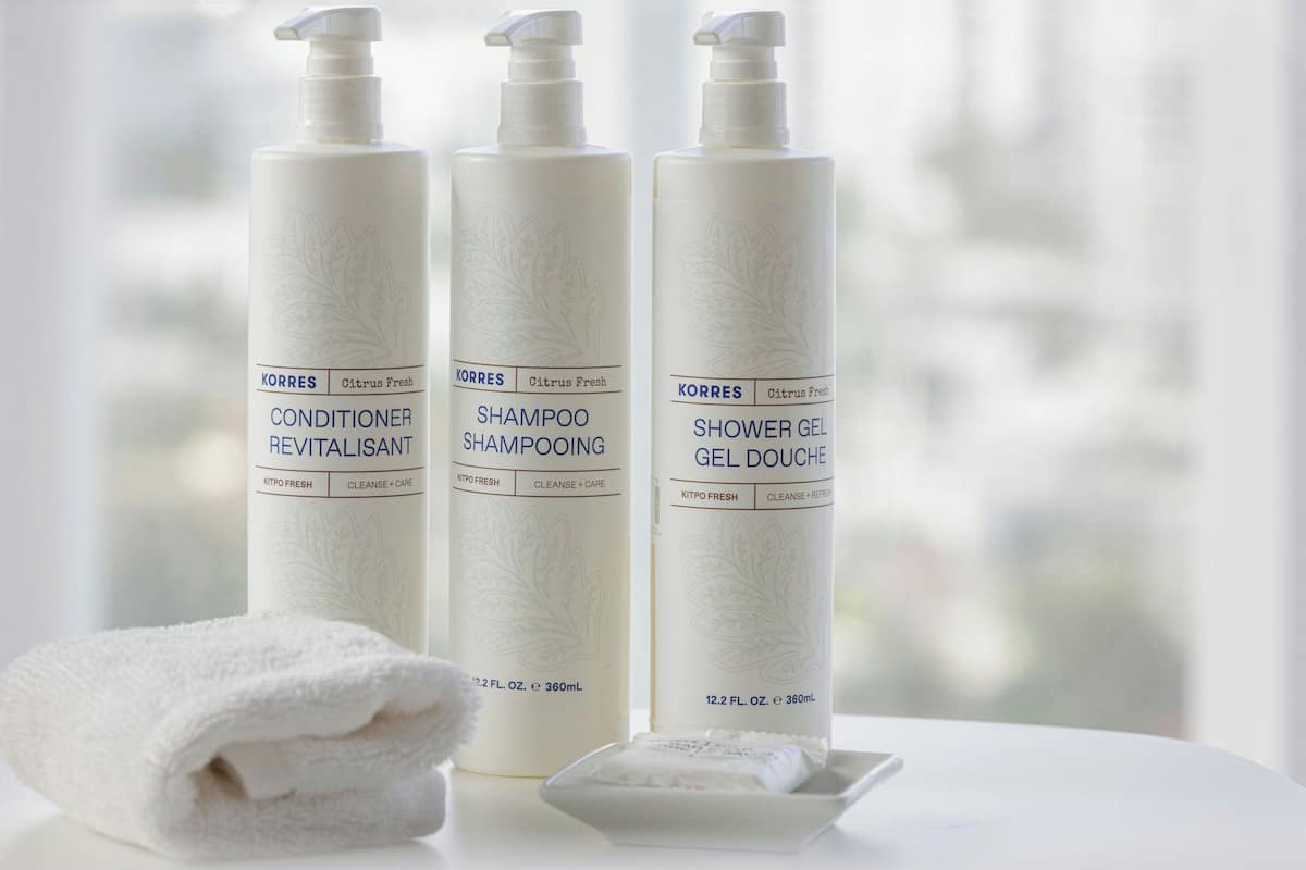 Regndusch, gratis toalettartiklar, hårtork och badrock