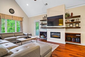 Smart TV, fireplace, foosball