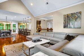 Smart TV, fireplace, foosball