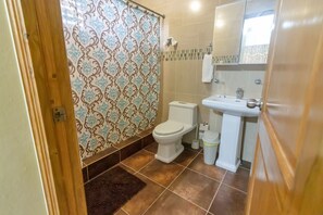 Shower, hair dryer, towels, shampoo