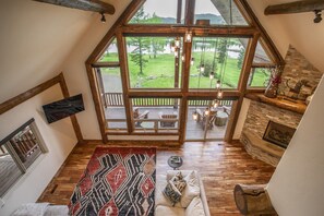 Smart TV, fireplace, books, stereo
