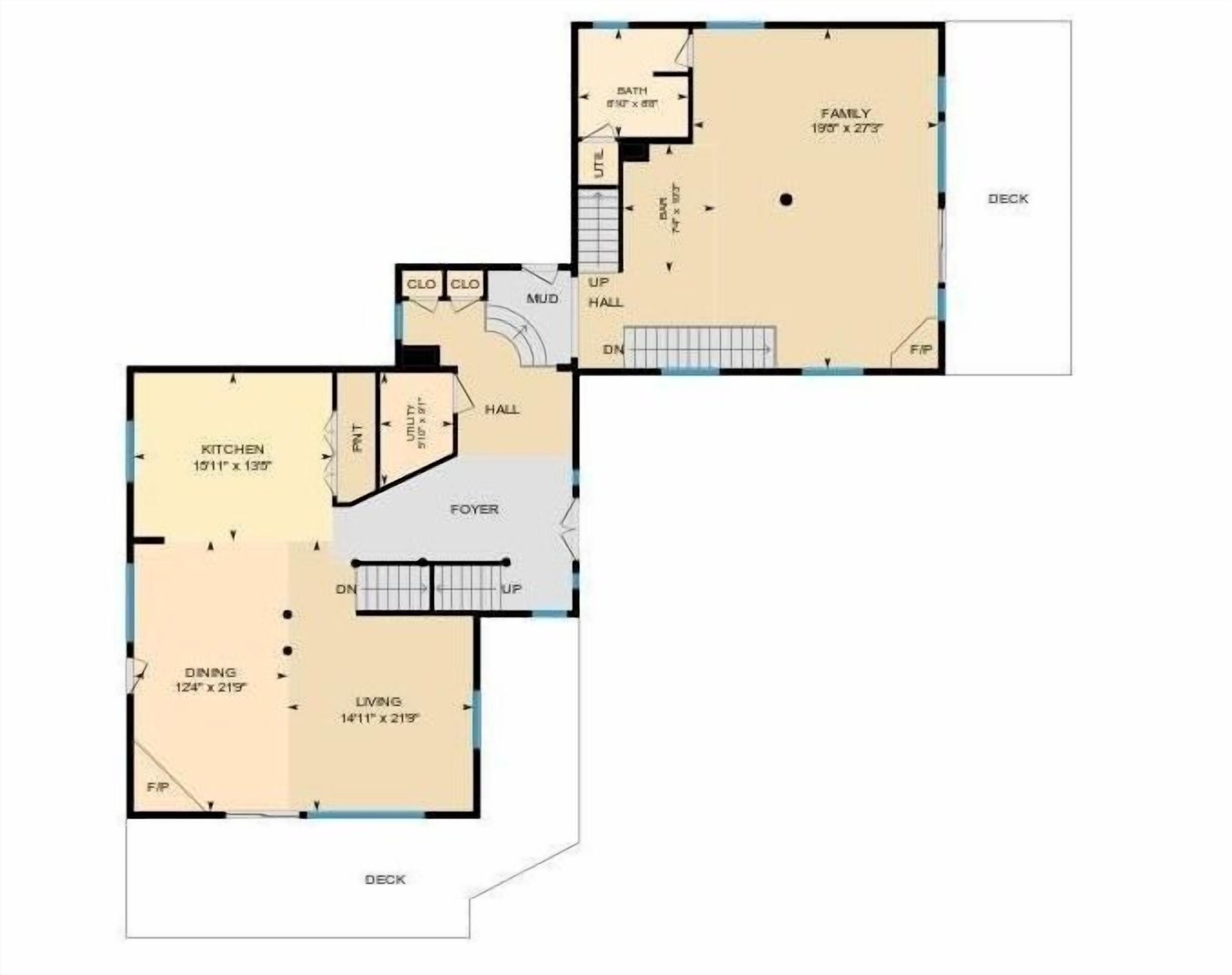 Planta baixa de uma casa com cozinha, sala de jantar, sala de estar, dois quartos, banheiro, hall de entrada e sala de família.