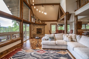 Smart TV, fireplace, books, stereo