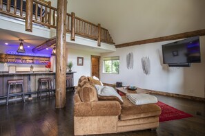 Smart TV, fireplace, books, stereo