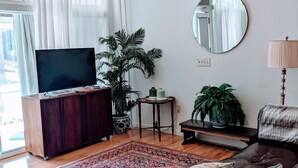 A living room with a leather sofa, a TV on a wooden cabinet, a large potted plant, a round mirror, and a patterned rug.