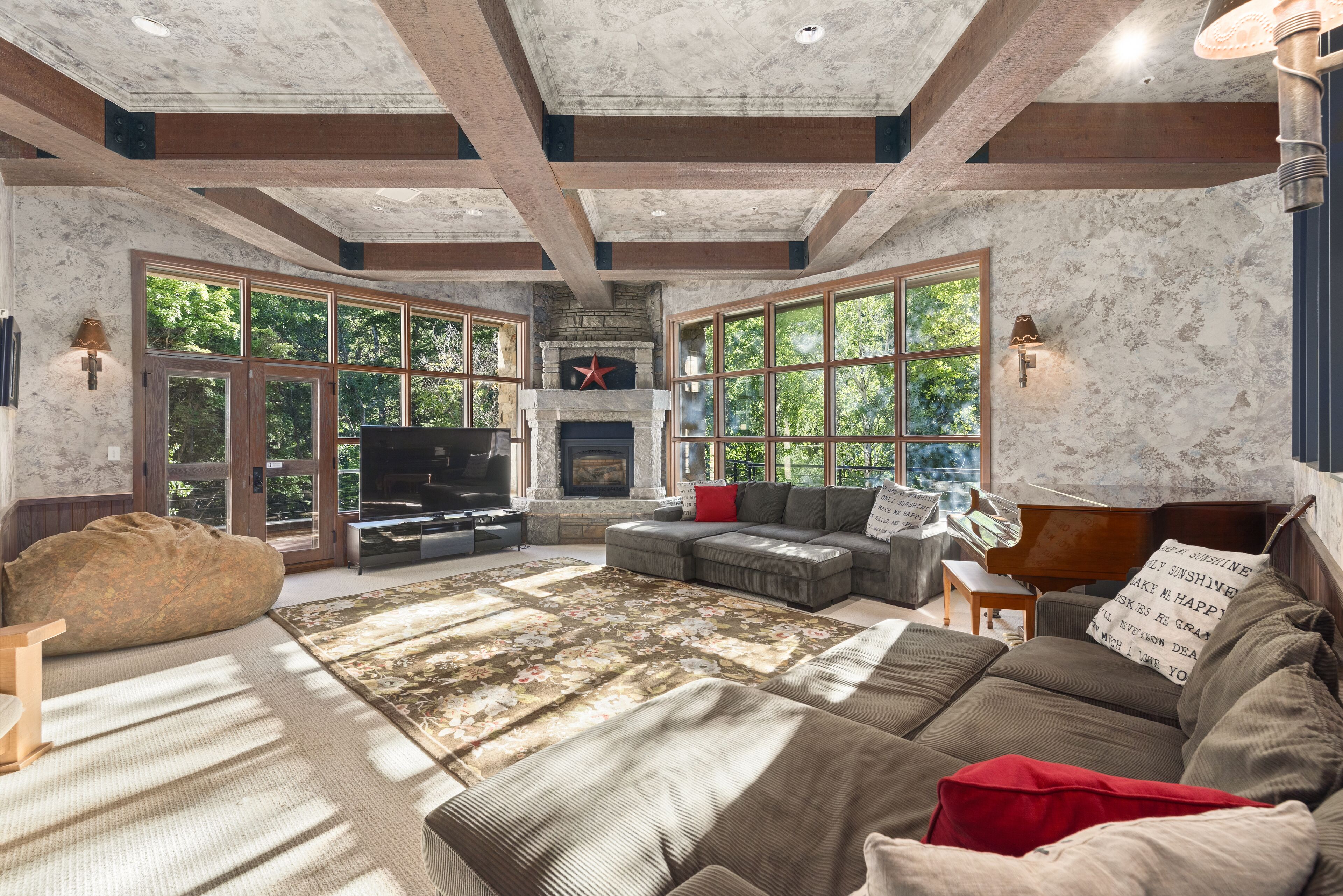 Smart TV, fireplace, video games, DVD player