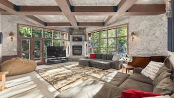 Smart TV, fireplace, video games, DVD player