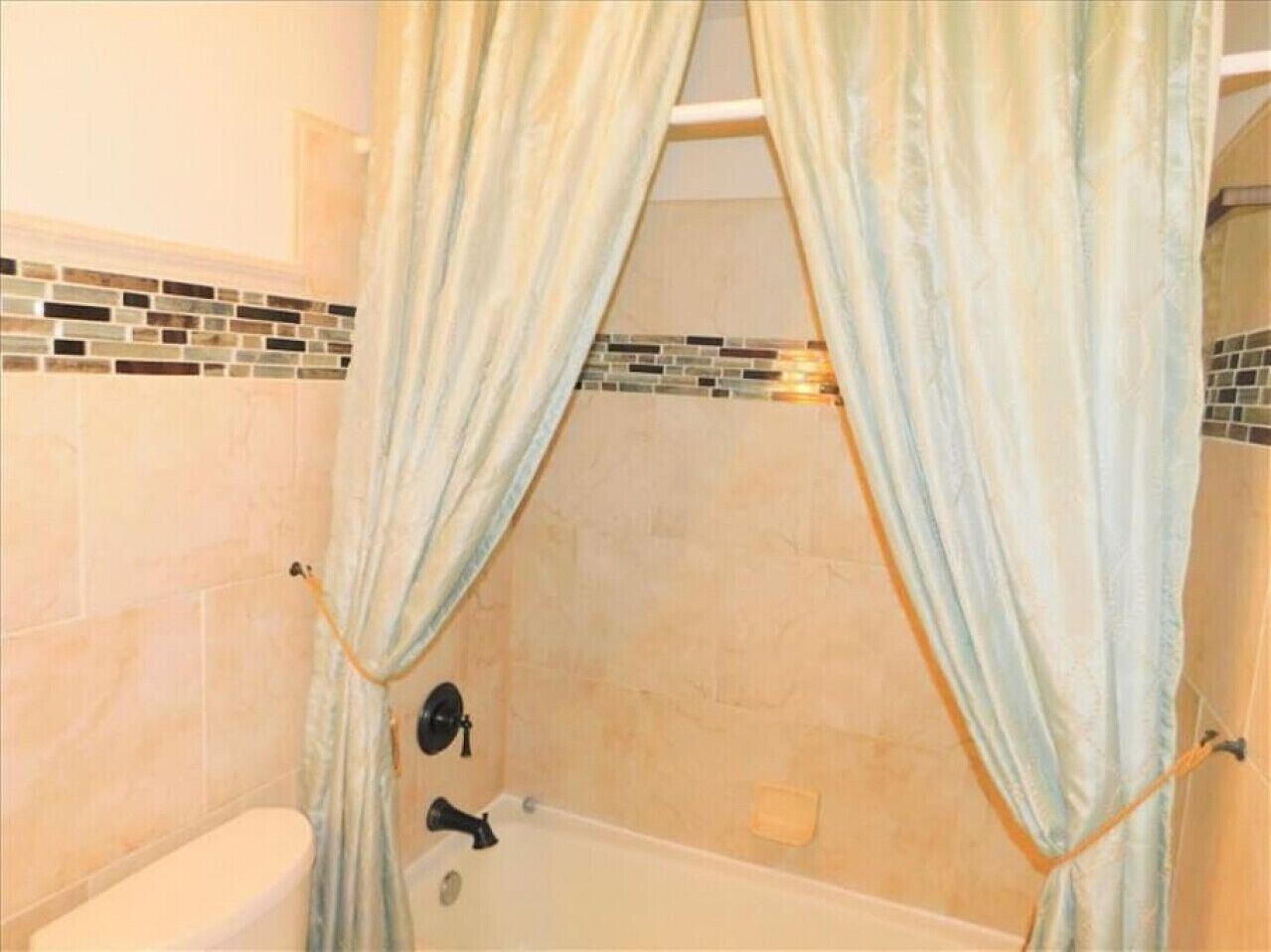 A bathroom with a bathtub, a toilet, and a shower curtain.