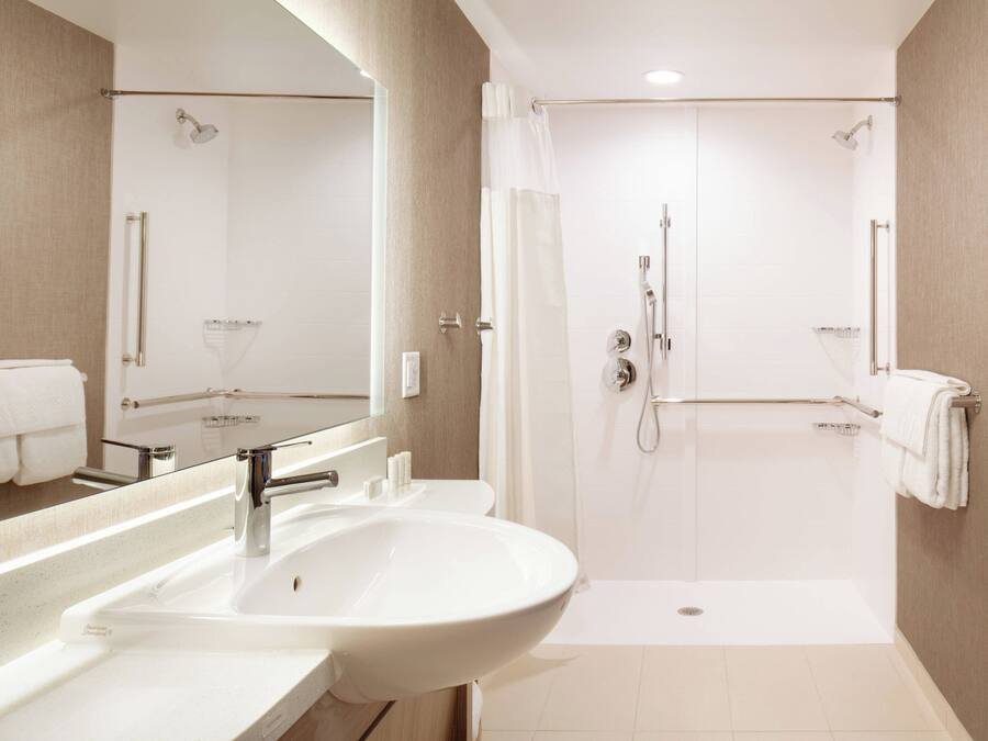 A modern bathroom with a large sink, a shower, and a mirror.