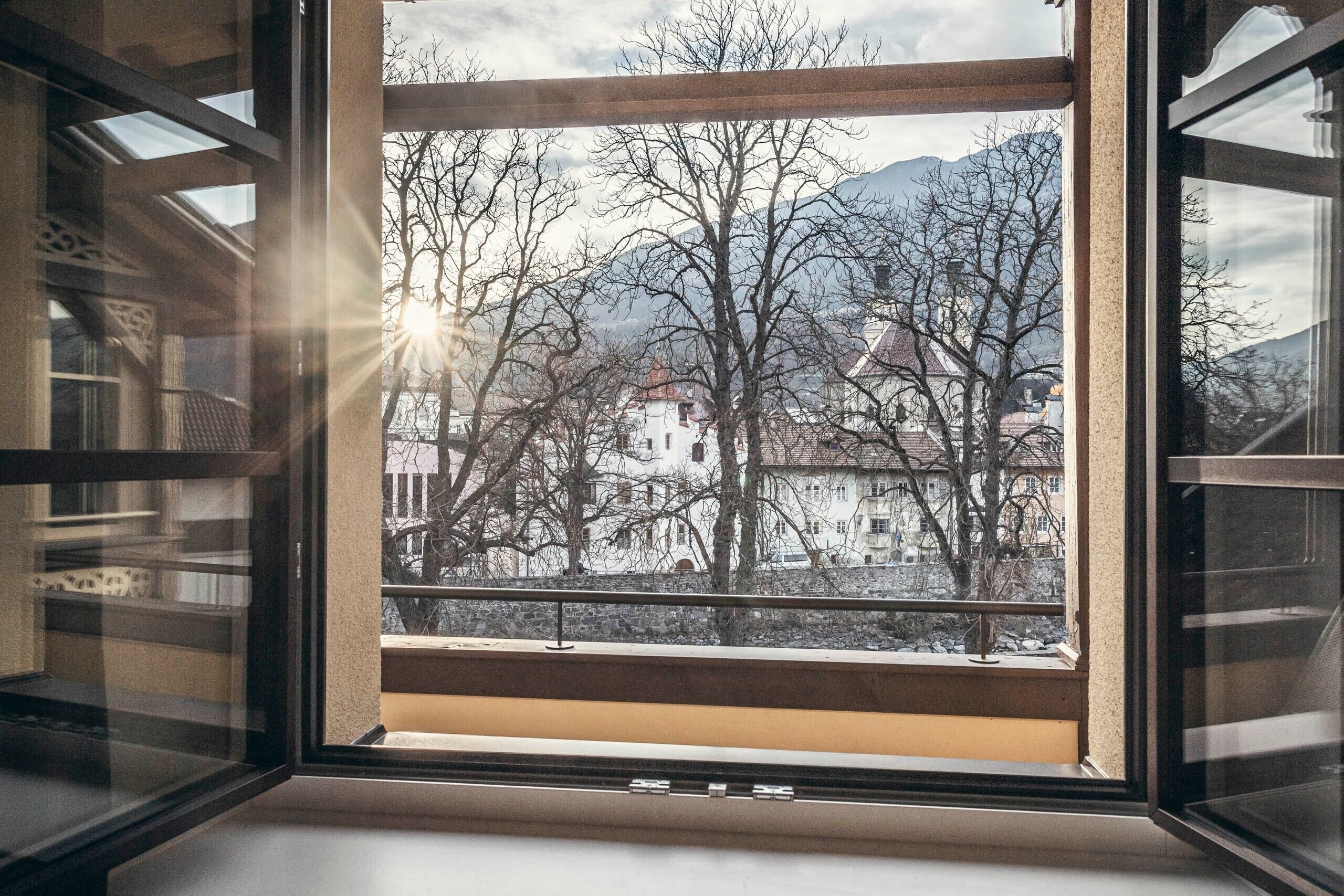 A window with a view of a building and trees, with sunlight streaming through.