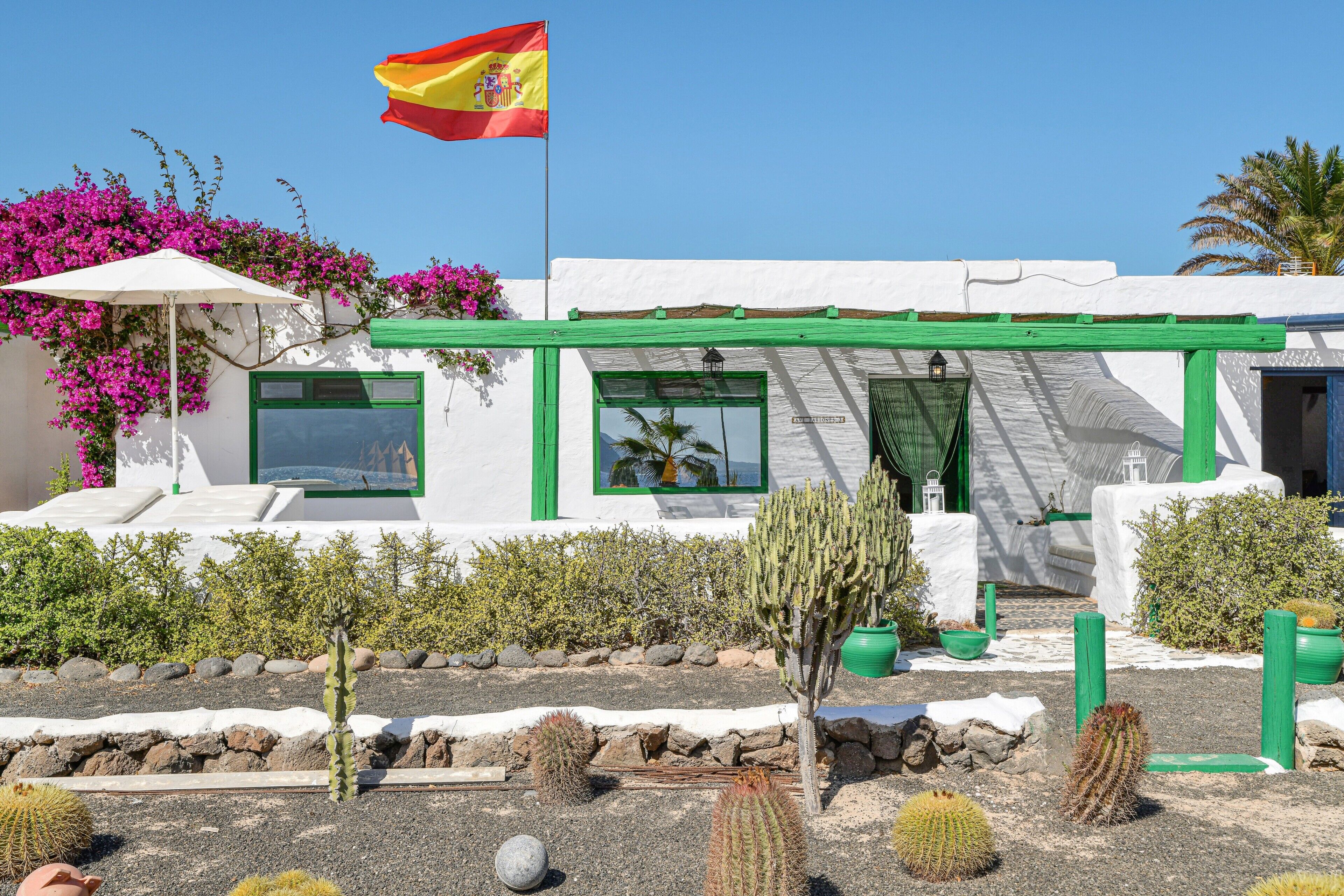 Un edificio con una bandera, marcos de ventanas verdes y un jardín de cactus.