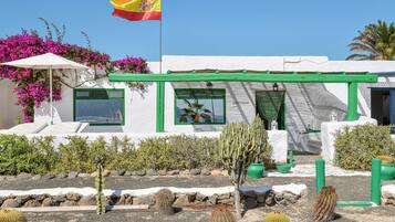 Un edificio con una bandera, marcos de ventanas verdes y un jardín de cactus.