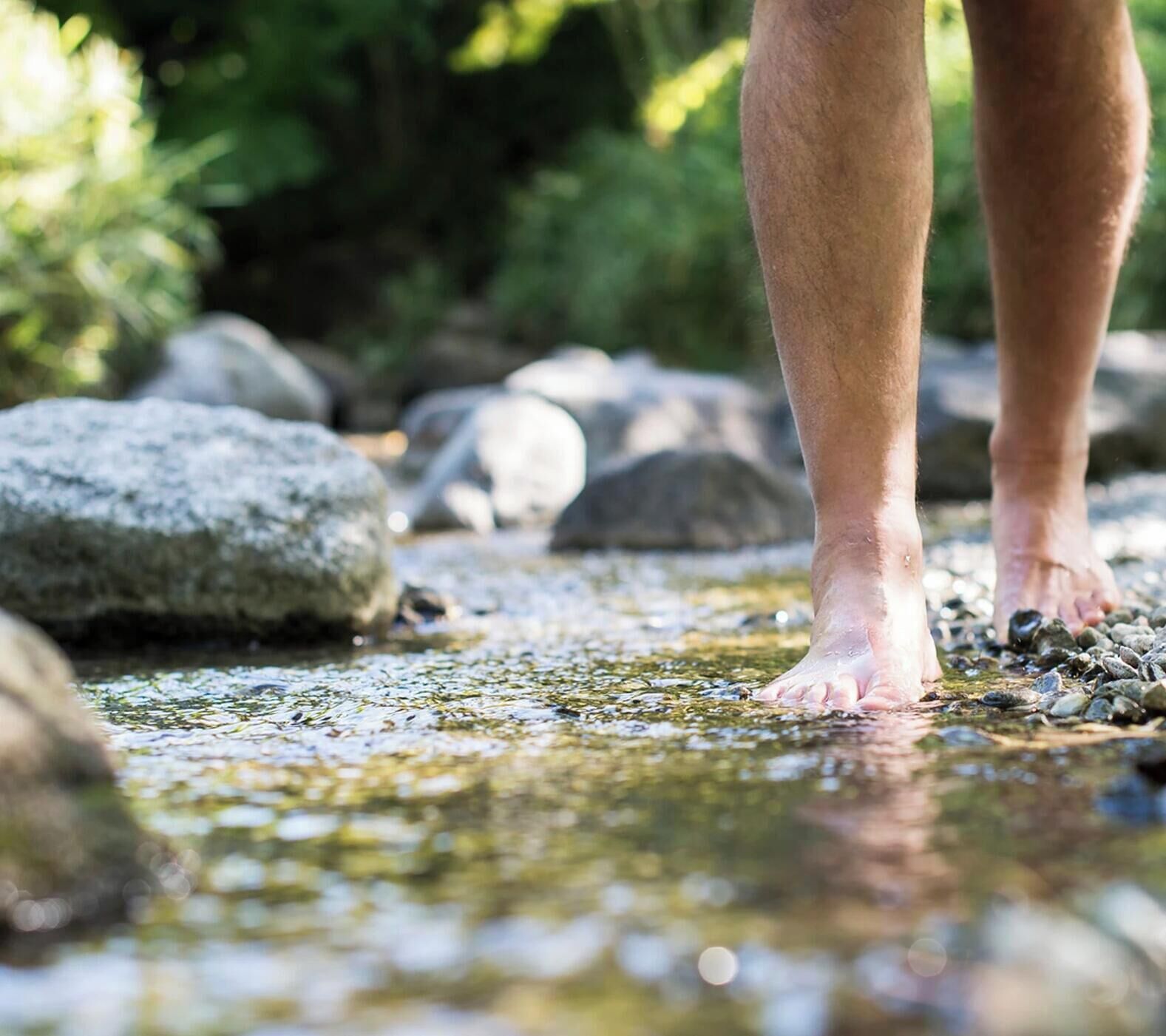 A person's bare feet standing in a shallow stream with rocks and greenery in the background.