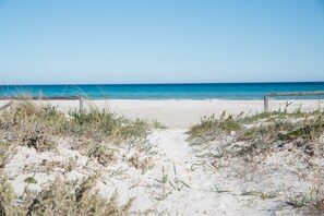 Ein Strandweg, der zum Meer führt, mit blauem Himmel.