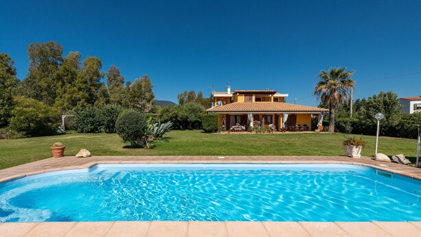 Une piscine avec une terrasse carrelée, une maison avec un toit en tuiles et de la verdure tout autour.