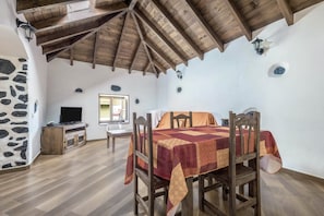 Una habitación con techo de madera, pared de piedra, una cama, una mesa con sillas, un televisor y una chimenea de piedra.