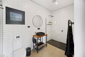Shower, hair dryer, towels