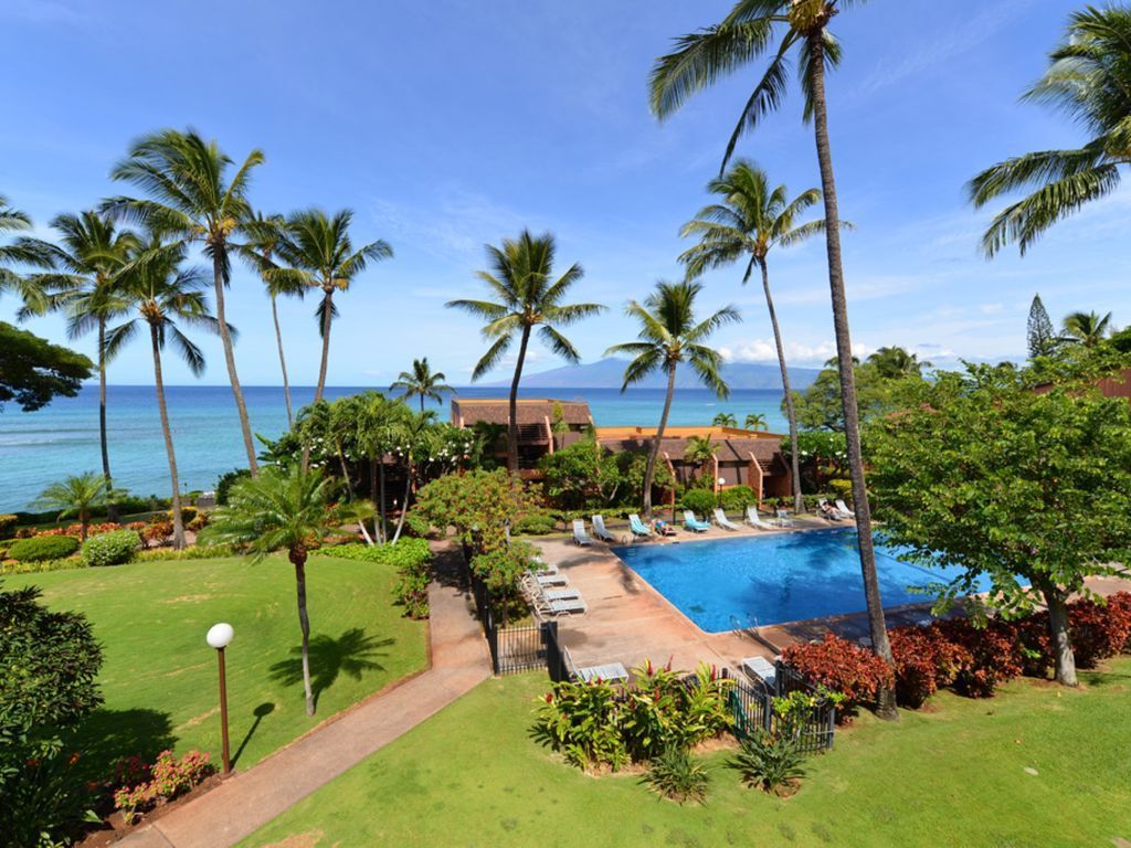 A resort with a swimming pool, palm trees, and a view of the ocean.