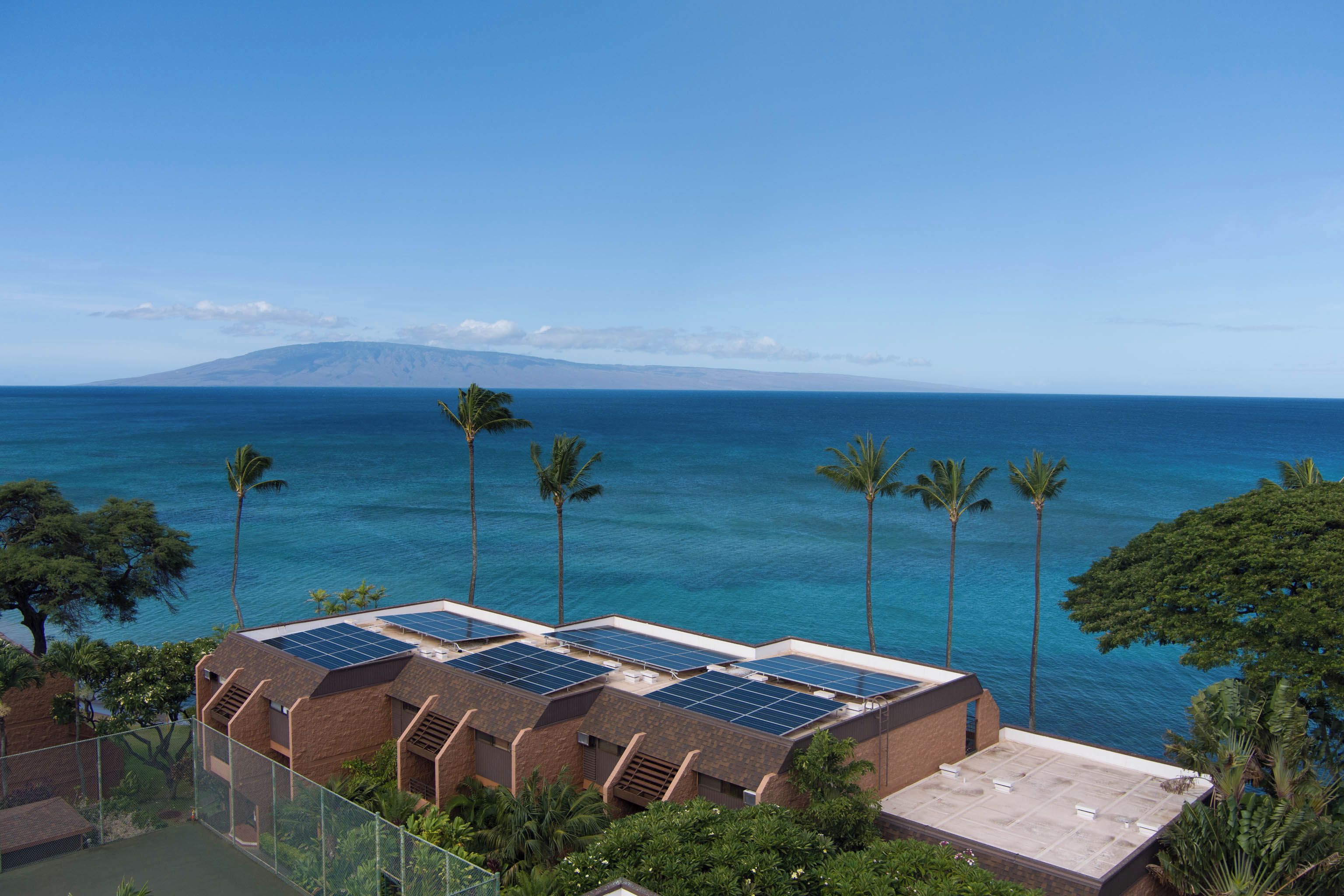 A hotel with multiple rooms featuring solar panels on the roof, overlooking a clear blue sea and palm trees.