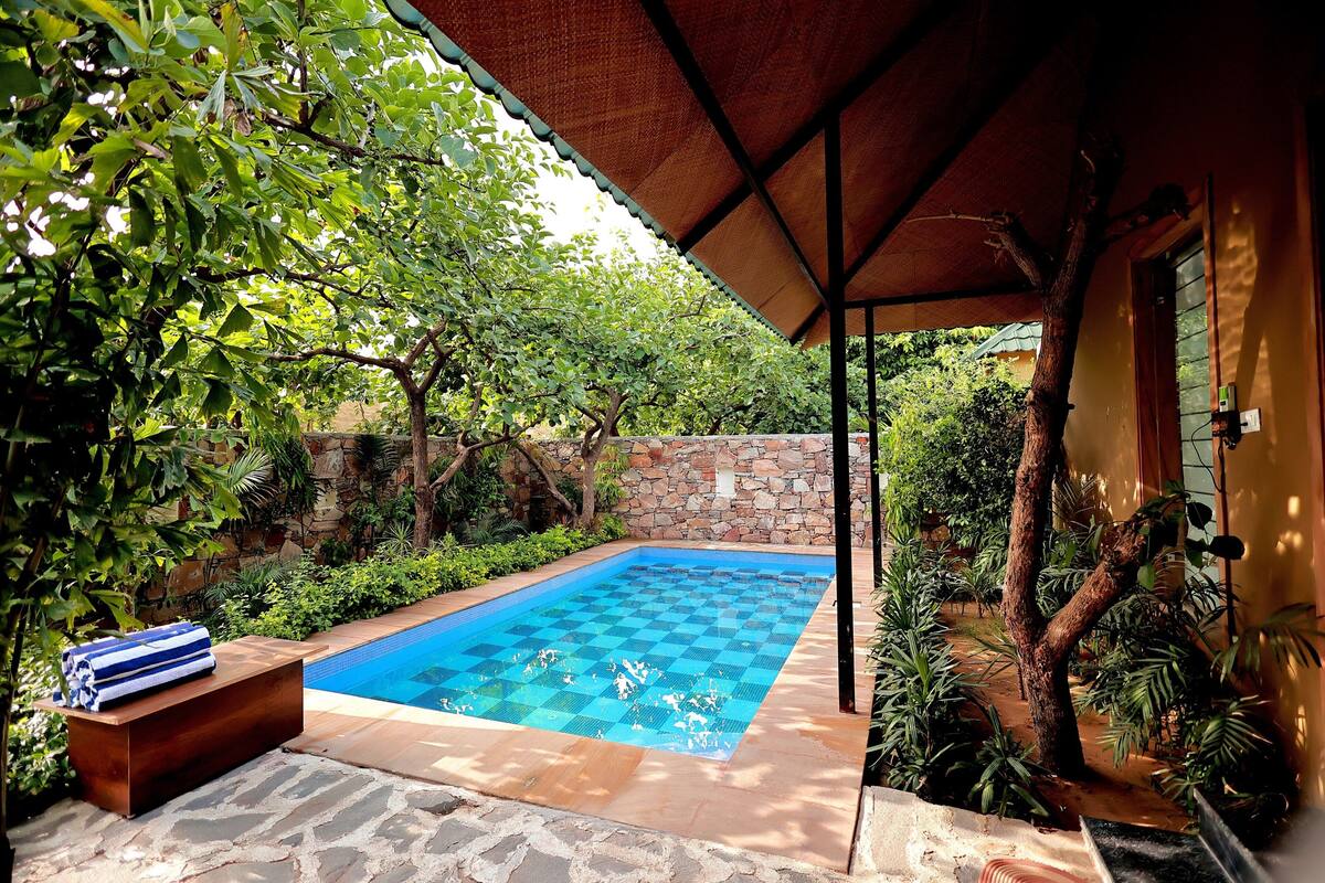A swimming pool with a checkered pattern, surrounded by greenery and a stone wall.