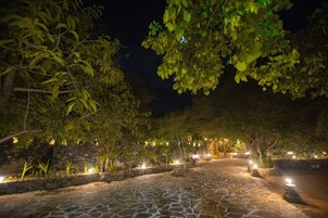 A stone pathway leading to a building with a wooden door, surrounded by trees and illuminated by ground lights.