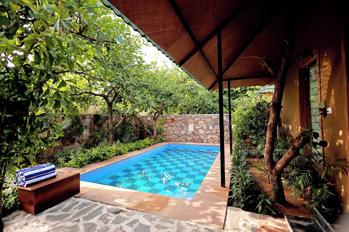 A swimming pool with a checkered pattern, surrounded by greenery and a stone wall.