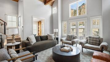 Télévision, cheminée, livres