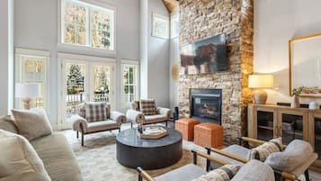 Télévision, cheminée, livres