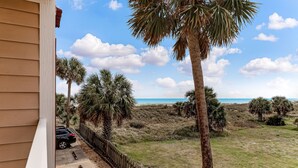 A view from a balcony overlooking a grassy area with palm trees and a distant beach. - Sea View is at the Beach! (Fernandina Beach)