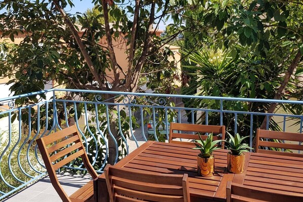A wooden table with chairs and potted plants on a balcony with a blue railing.