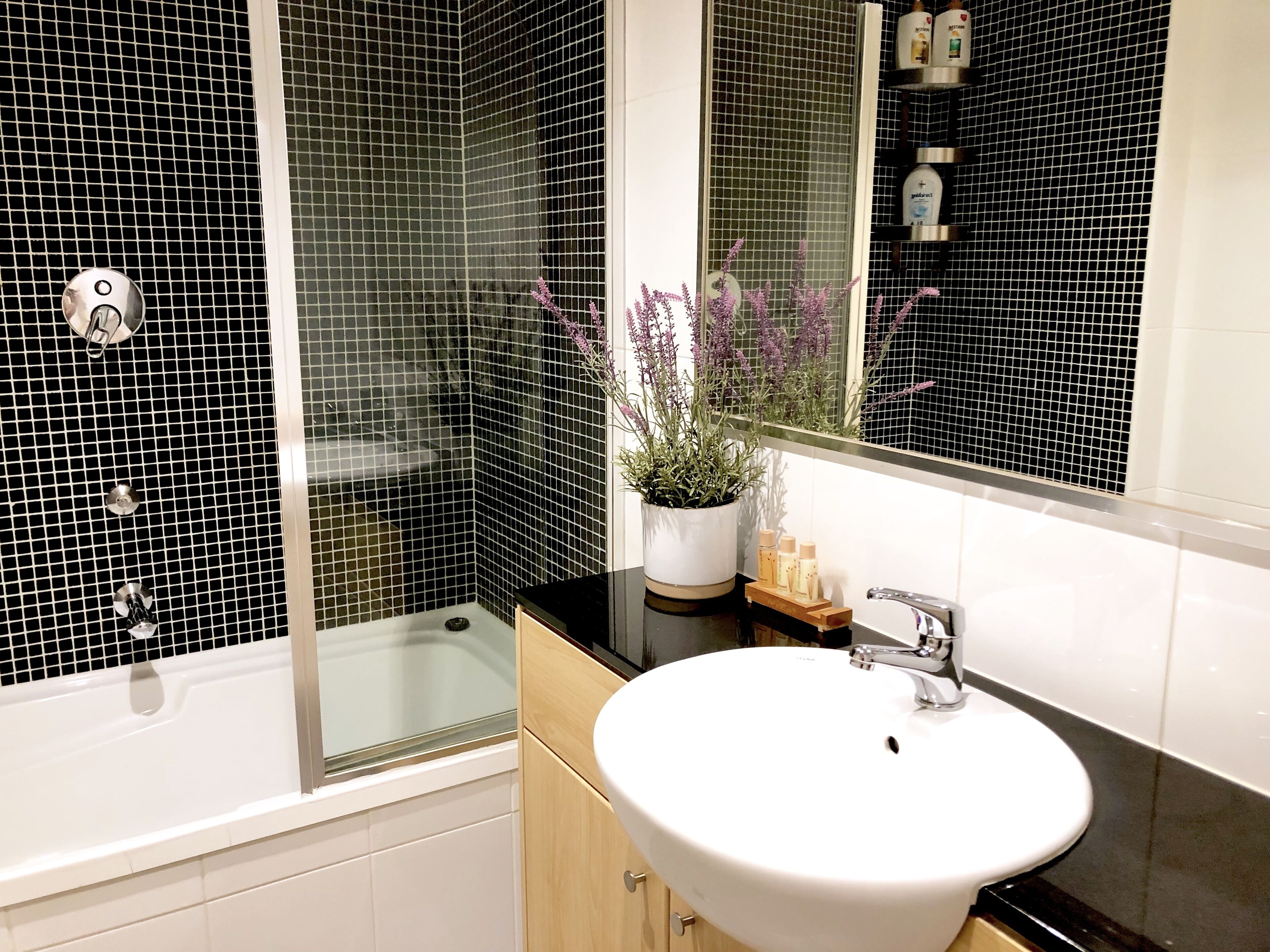 Bañera con ducha, secador de pelo, toallas, jabón