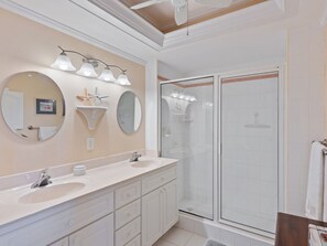Combined shower/tub, hair dryer, towels, soap