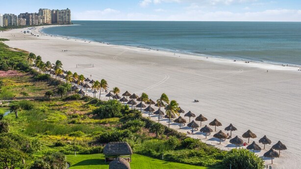 A beach resort with a long sandy beach, palm trees, and thatched umbrellas. - Sunny Oceanfront Condominium, Short Walk to the Beach (Marco Island)