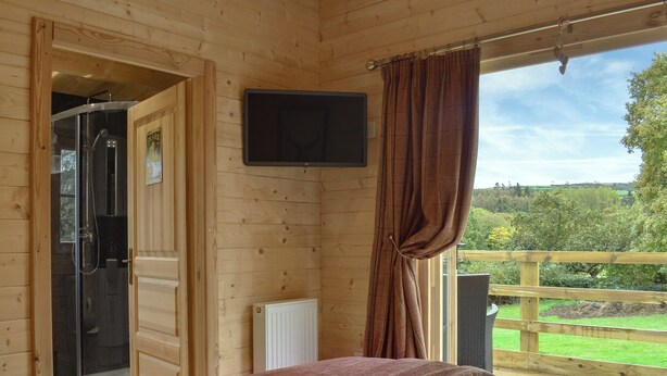 A wooden cabin bedroom with a bed, a TV mounted on the wall, a shower area, and a view of the outdoors. - Brook Cottage - UK12643 (Sleights near Whitby)
