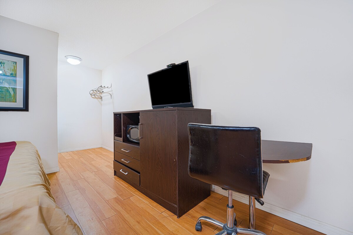 A bedroom with a bed, a desk with a chair, a television on a cabinet, and a framed picture on the wall.
