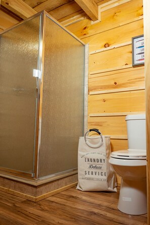 Shower, towels, soap, toilet paper
