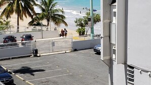 Un estacionamiento con vista a la playa y al océano, palmeras y un alto poste de luz.