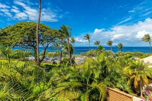 A tropical landscape with palm trees, a clear blue sky, and a view of the ocean. - Maui Kamaole #G-201 Front Row, Ocean View, Full A/C, Hot Tub, Great Rates (Kihei)