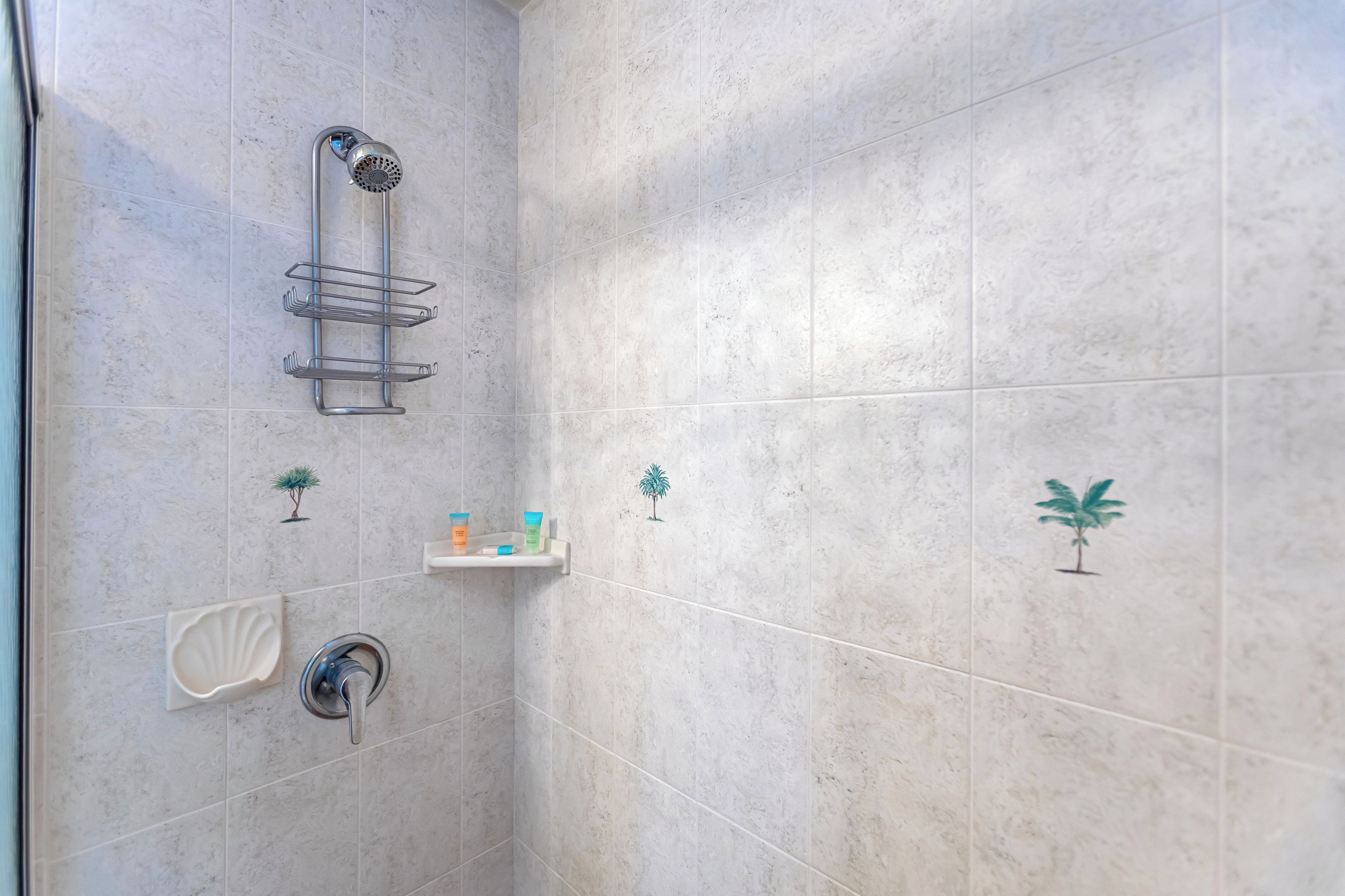 Un bagno con doccia, un erogatore di sapone e uno scaffale con articoli da toilette.