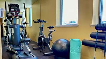 A gym with cardio machines, a stationary bike, and exercise balls.
