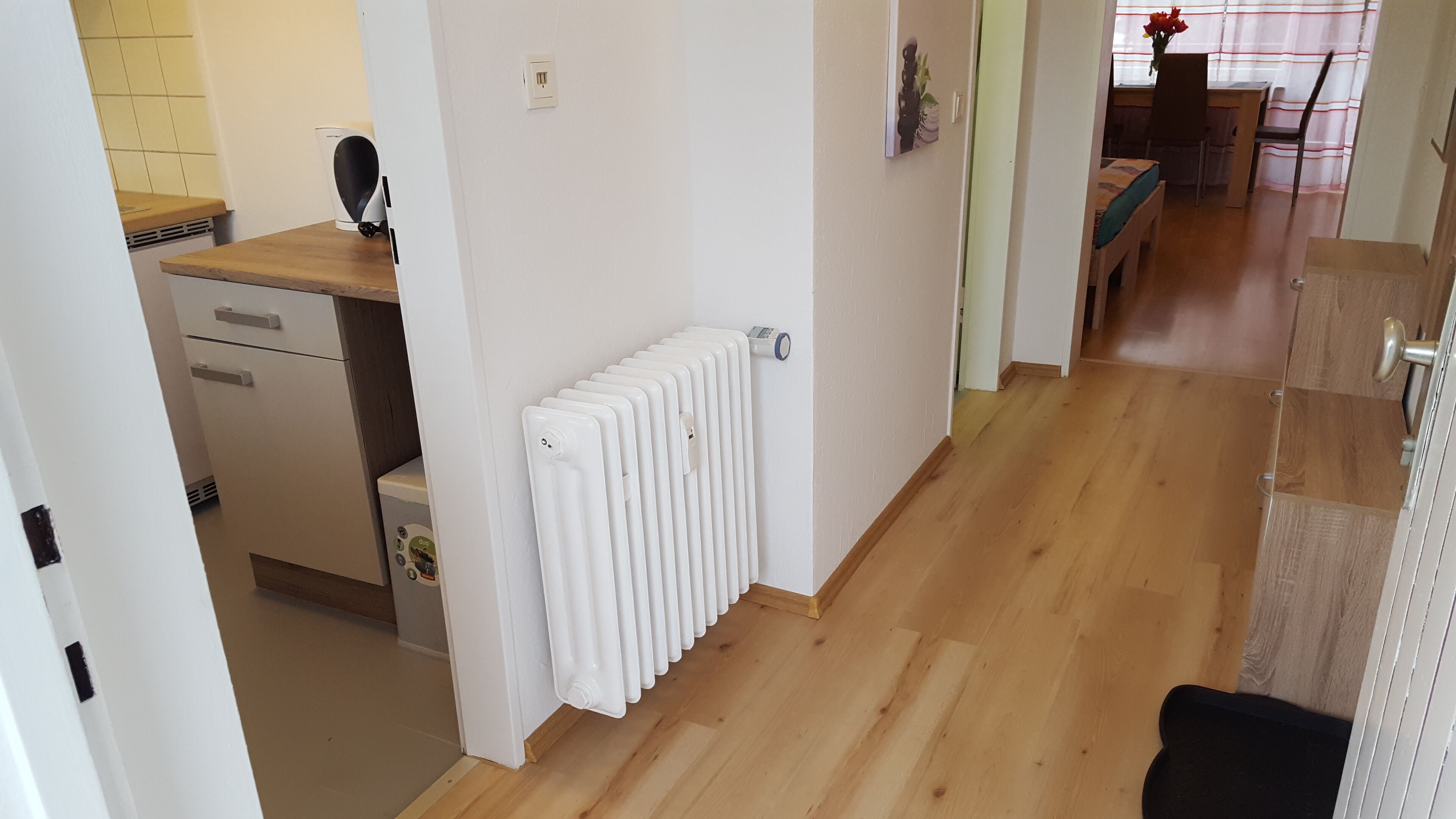 Ein Flur mit Heizkörper, Holzboden, einer Küchenzeile mit Kaffeemaschine und einem Essbereich mit Tisch und Stühlen.