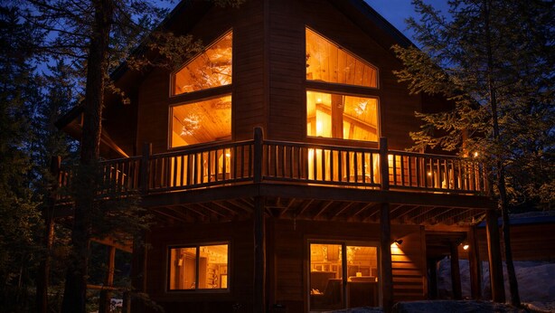 A two-story log cabin with a balcony, large windows, and a deck area. - Mountain Pines Luxury Yellowstone Cabin + Hot Tub + Sleeps 15 + Garage + 2 Acres (Island Park)