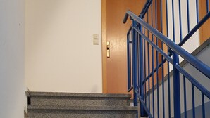 Eine Treppe mit Steinstufen und blauen Geländern, die zu einer Holztür führt.