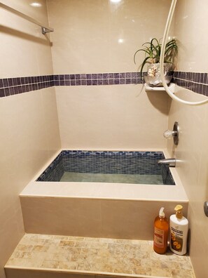 Bathtub, hair dryer, towels, soap