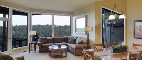 Télévision, cheminée, lecteur de DVD, chaîne hi-fi