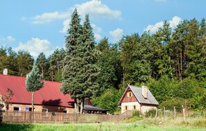 Ländliche Szenerie mit einem strohgedeckten Bauernhaus, einem Holzzaun und einem kleinen Haus mit geneigtem Dach.