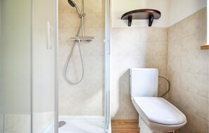 Ein modernes Badezimmer mit einer einteiligen Duschkabine, einer weißen Toilette und einem Holzboden.