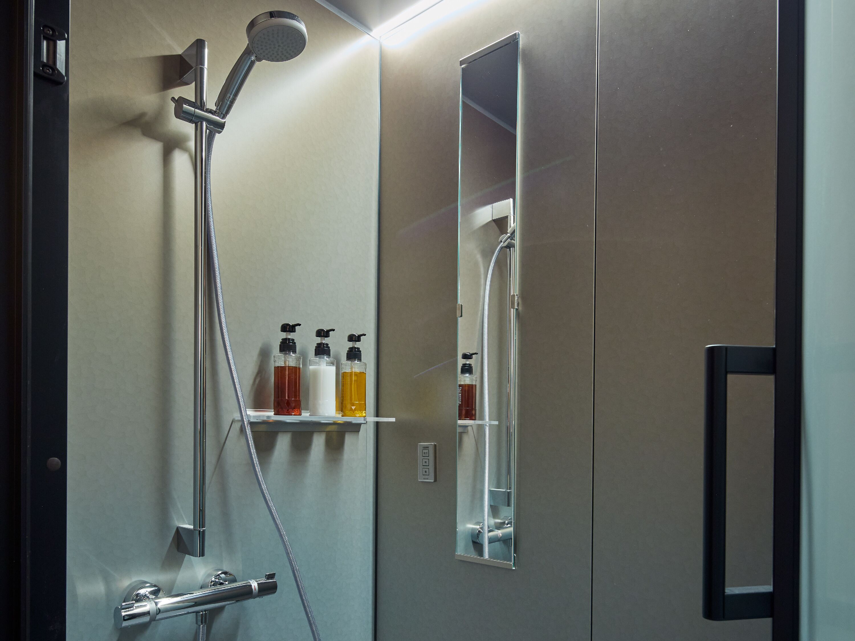 A modern bathroom with a shower, a mirror, and three bottles of liquid on a shelf.